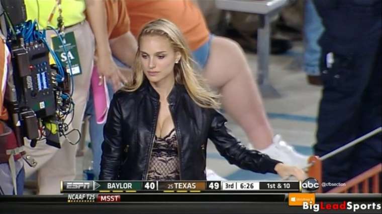 Natalie Portman showing cleavage in Game Baylor vs Texas